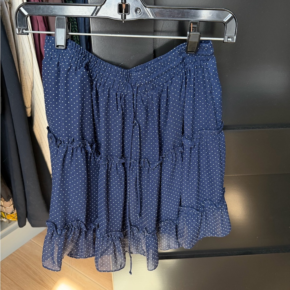 Moon River Navy Blue Dot Ruffle Tiered Mini Skirt